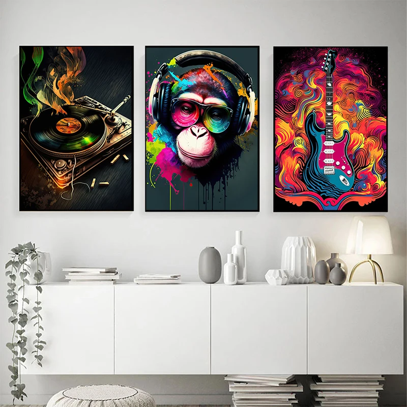 Постер в стиле поп-рок с музыкой хип-хоп обезьяна электрическая гитара живопись
