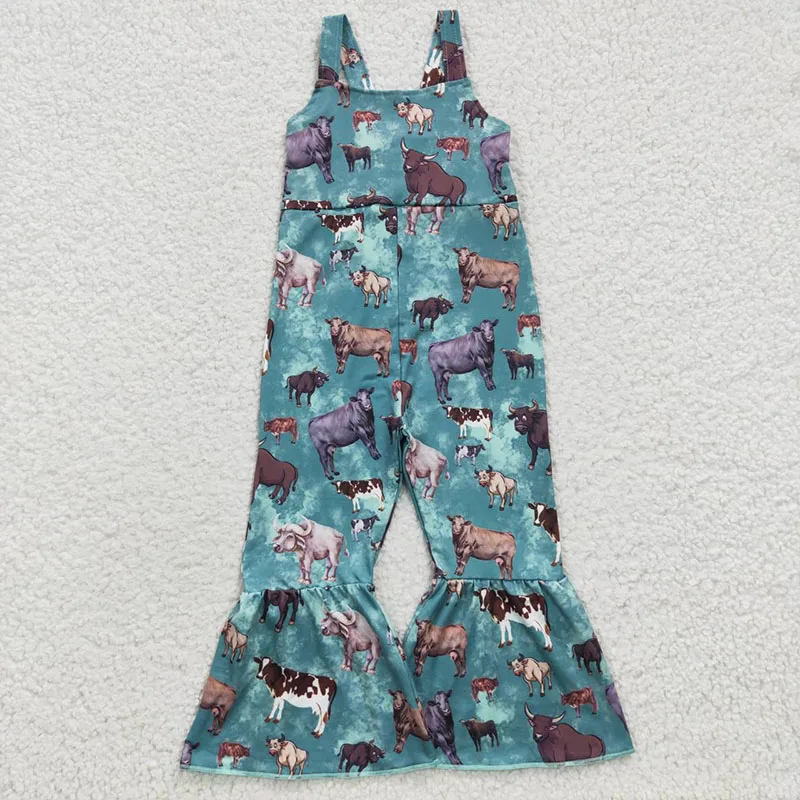 

New kids summer clothes farm cow strap jumpsuit boutique kids clothing baby girl clothes flare pants onesie