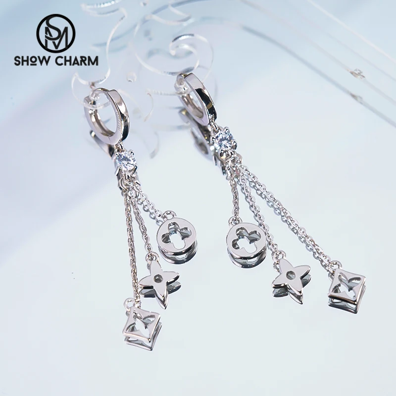 

S925 Sterling Silver Gold Plated Flower Pattern Long Drop Earrings Tassel Zircon Fine Jewelry Luxury Earrings Studs 2023 New
