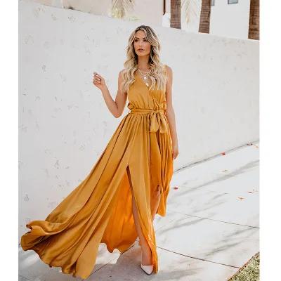 

Women Long Maxi Dress High Waist Ankle Length Summer Spring Sashes Sleeveless Solid Color Loose Party