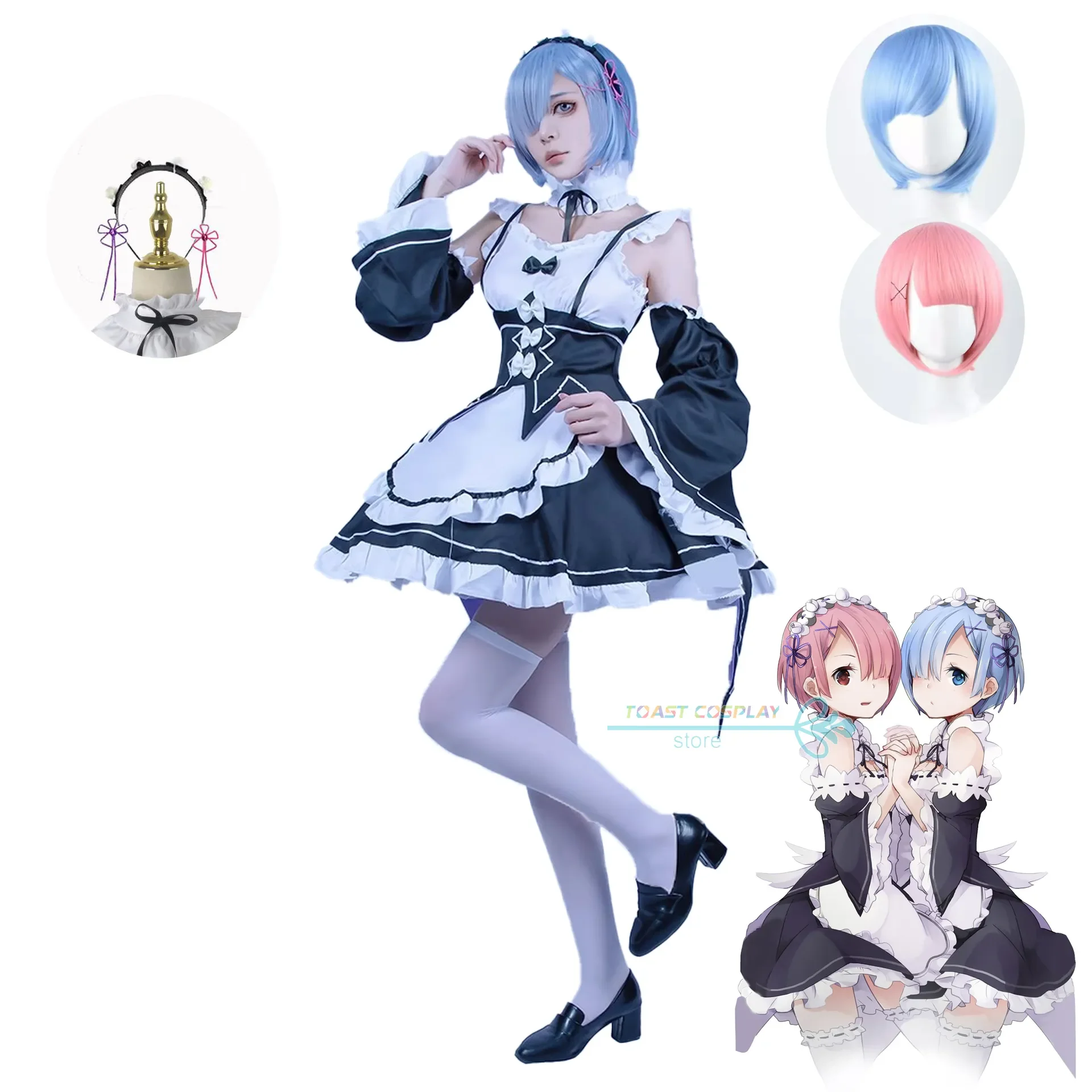 

Rem and Ram Maid Cosplay Costume Re:Zero Kara Hajimeru Isekai Seikatsu Kawaii Cos Dresse Anime Clothing for Women Party Cosplay