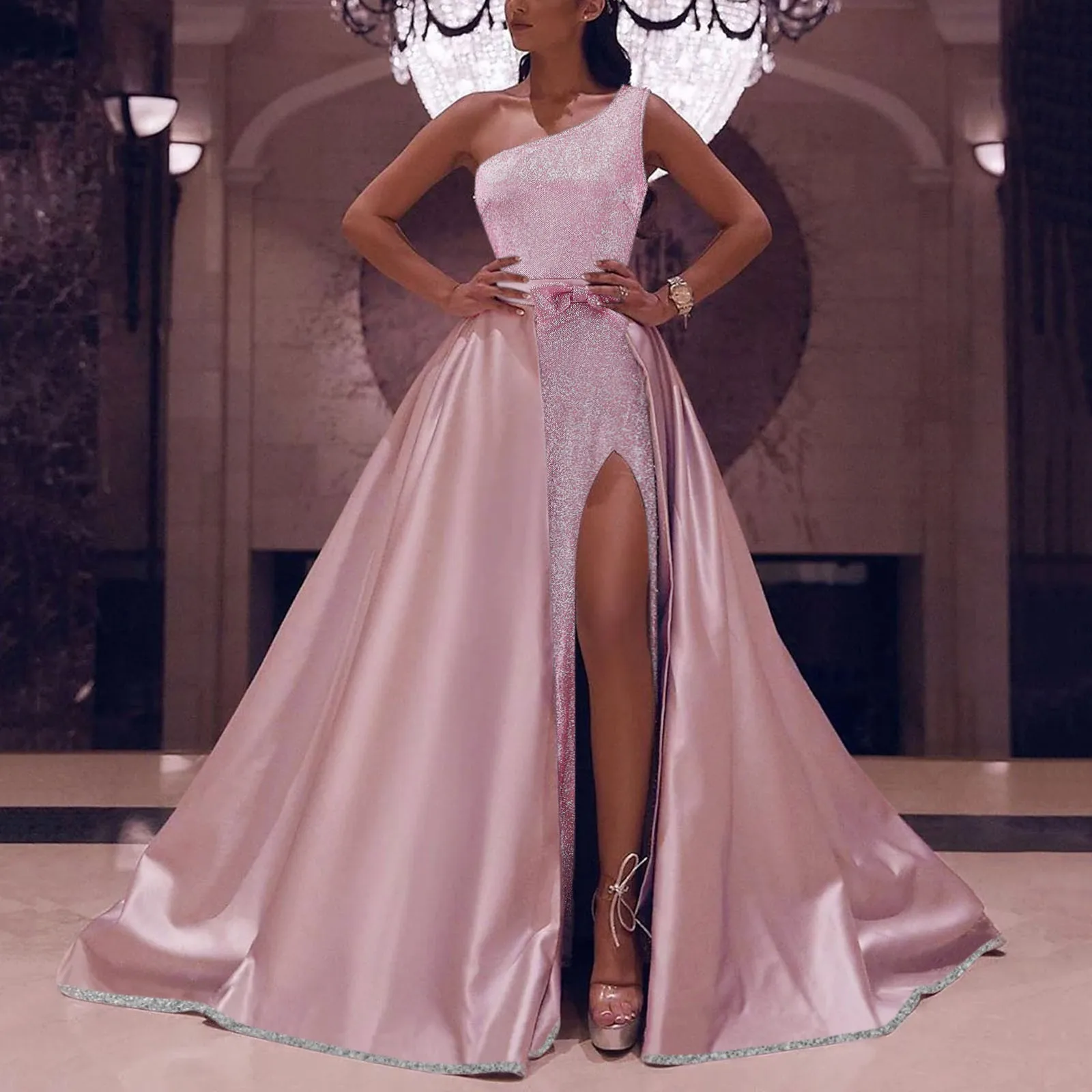 

Women Sleeveless Maxi Summer Dress Sexy One-Shoulder Front Split Elegant Pink Party Holiday Long Dresses Vestidos Robe mujer