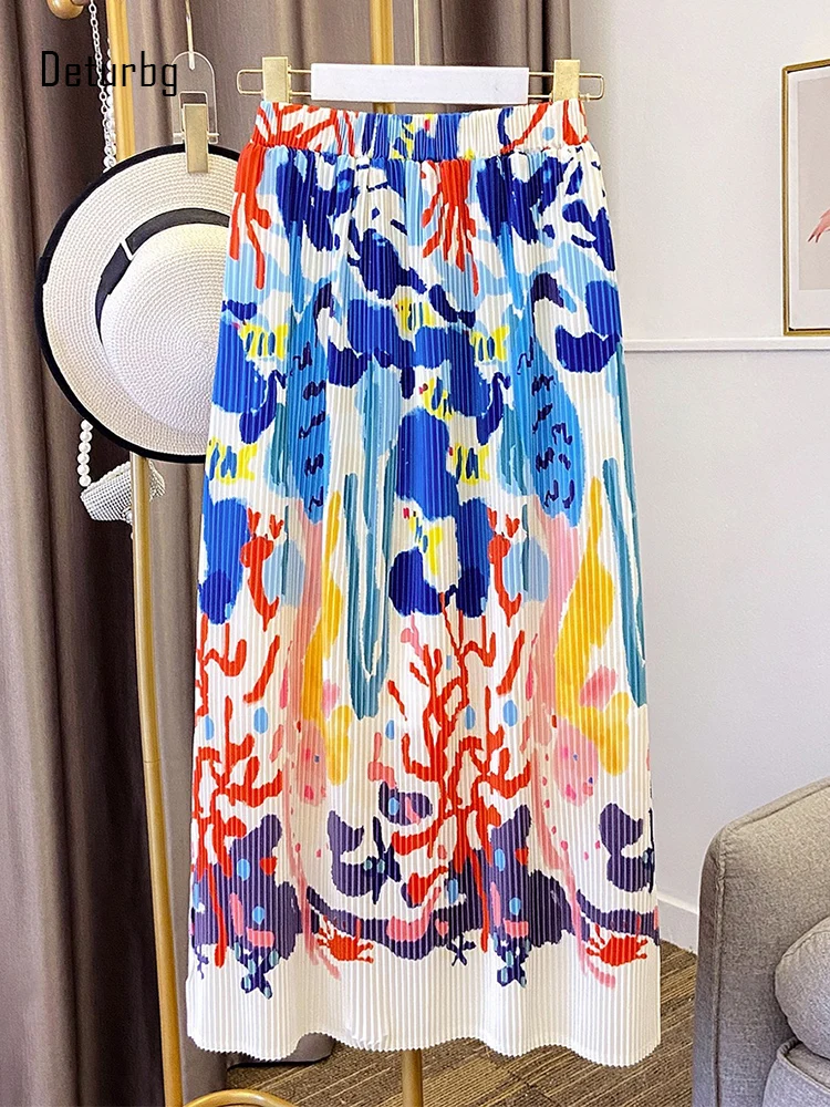 

Cute Seaworld Print Pleated Long Skirt for Women Korean Fashion High Waist Strecthy Side Spits Vacation Skirts 2023 Summer K277