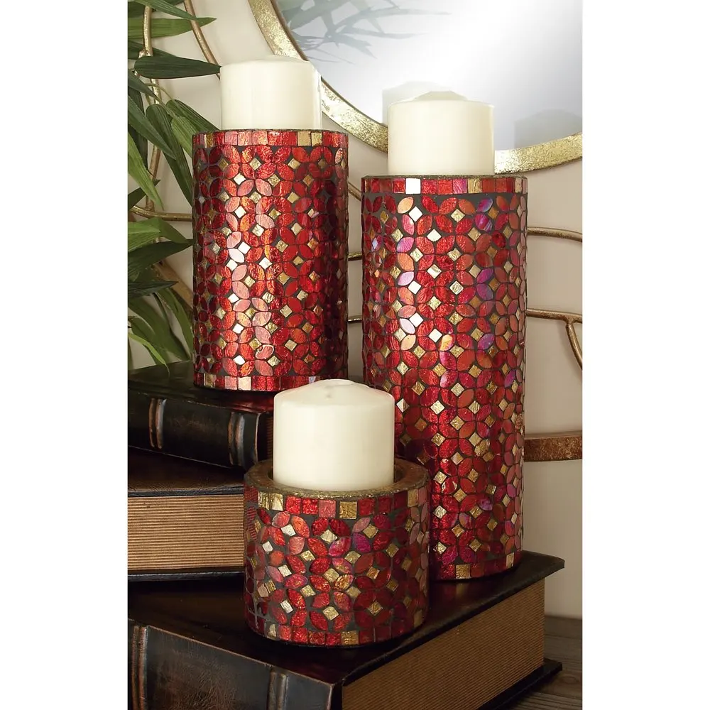 

3 Candle Red Metal Pillar Candle Holder with Mosaic Pattern, Set of 3