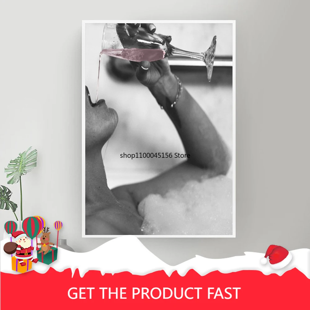 

2022Sexy Woman Drinking Rose Champagne In Bubble Bath Canvas Prints Modern Painting on The Wall Picture Poster for Bathroom Deco