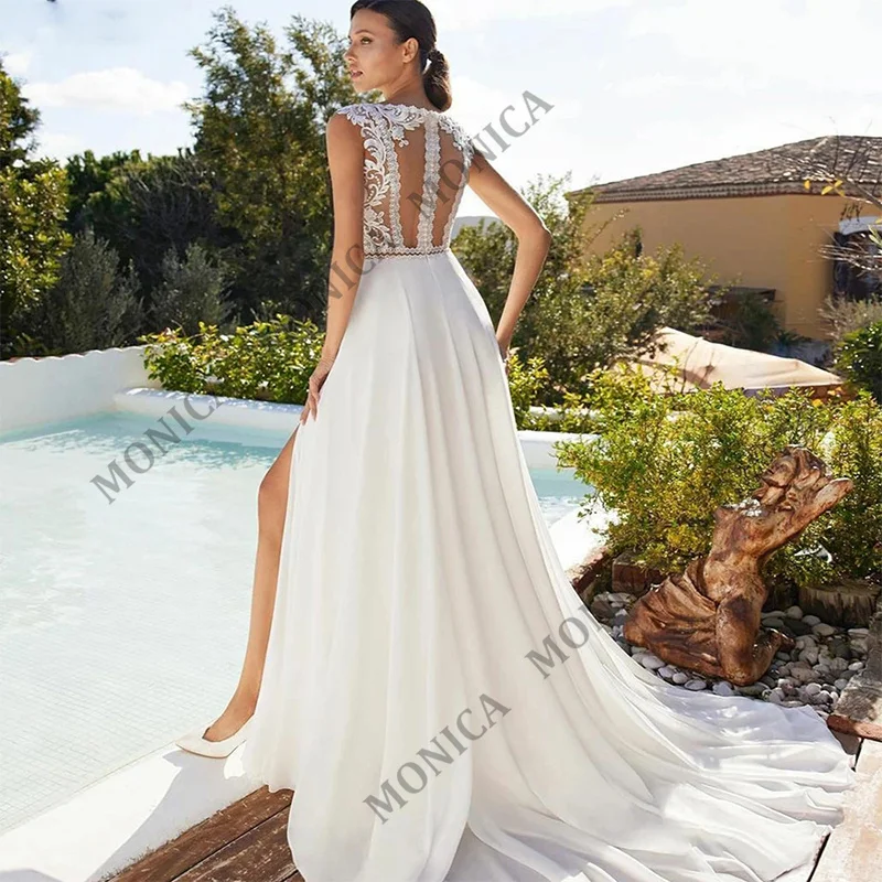

MONICA Simple V-Neck Wedding Dress Slim Sleeveless Appliques Perspective Elegant Ball Princess New Fashion Beach Temperament
