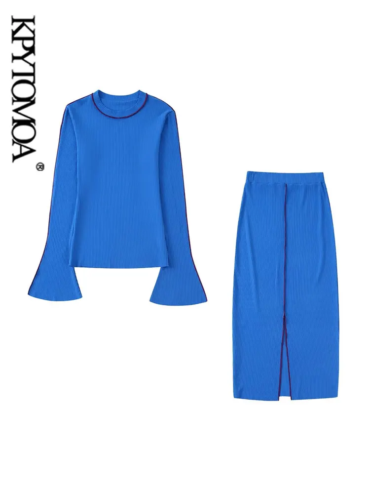 

KPYTOMOA женский модный трикотажный свитер в рубчик и юбка миди с высокой эластичной талией и разрезом спереди, женские комплекты из двух предметов для женщин