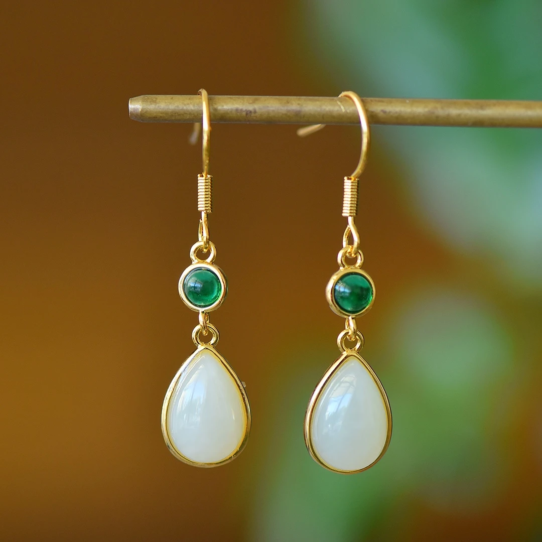 Серьги-подвески из натурального нефрита с белым нефритом женские ювелирные