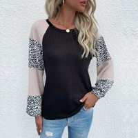 autumn women leopard knitwear tops long sleeve waffle round neck knitting patchwork spring fall casual sweater
