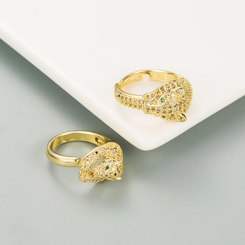 

Fashion Gold Color Metal White Zircon Leopard Head Open Ring Punk Vintage Adjustable Ring for Women Party Jewelry Gift