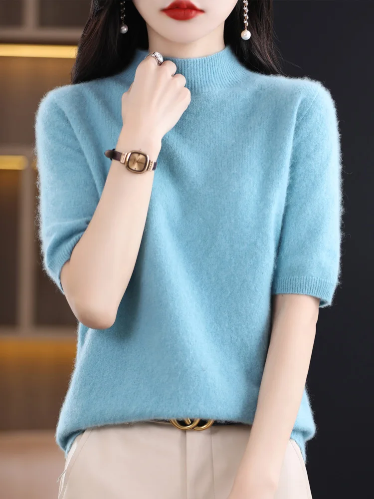 

Womens Spring Summer 100% Merino Wool Pullover Sweater Short Sleeves Mock-neck Cashmere Knitwear Female Basic Clothing ops