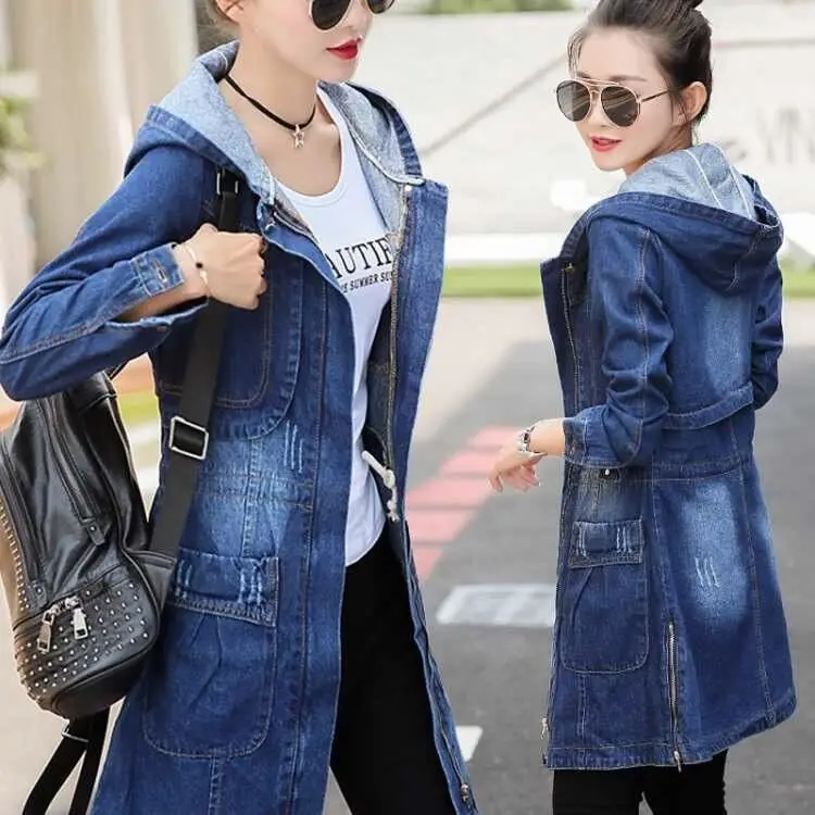 

A 2023 Autumn Women Cotton Slim Denim Trench Coat Long Sleeve Vintage Casual Jeans Windbreaker Girls Belt Overcoat Lady Hoodies