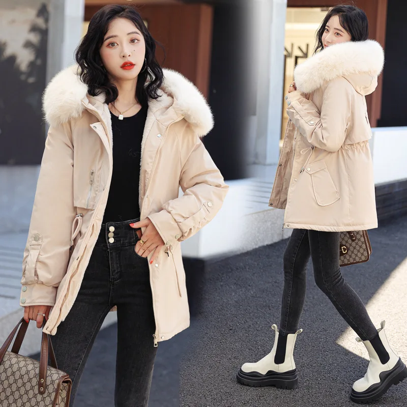 

Winter Medium Long Style Overcame The New Wool Collar Hooded Cotton Jacket Down Cotton Jacket Solid Color Warm Keeping Women's