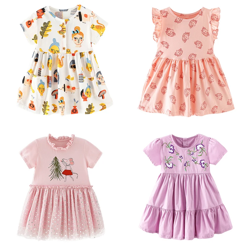 

Jumping Meters Summer Girls Embroidery Flowers Animal Short Sleeve Dress Cotton Knitting Breathable Casual Dresses for 2-7years