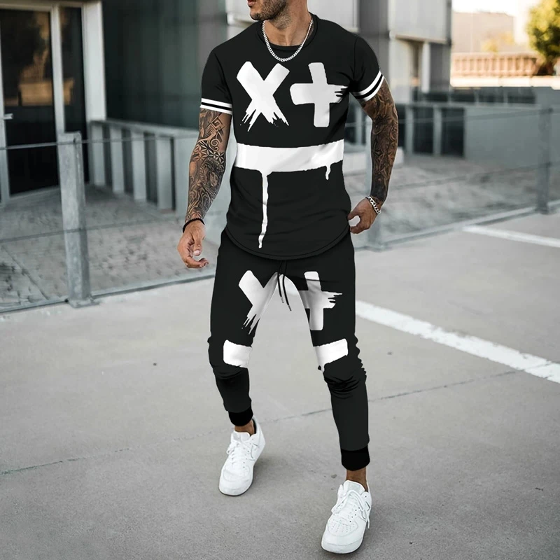 

Men Color Mat Printed 2 Piece Sets Oversized T Shirts Joogers Outfits Fashion Trousers Tracksuit 3D Printed Trend Male Clothing
