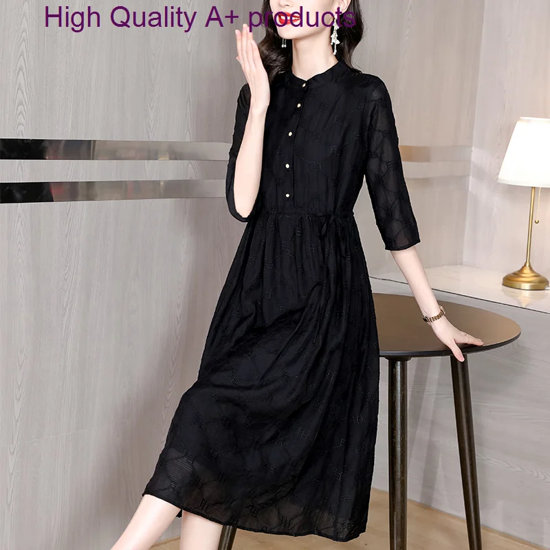 

Dress Silk Half-Sleeve Women's Clothing 2023 Autumn New Western Fashion Hepburn Style Waist And Thin Black Long Skirt