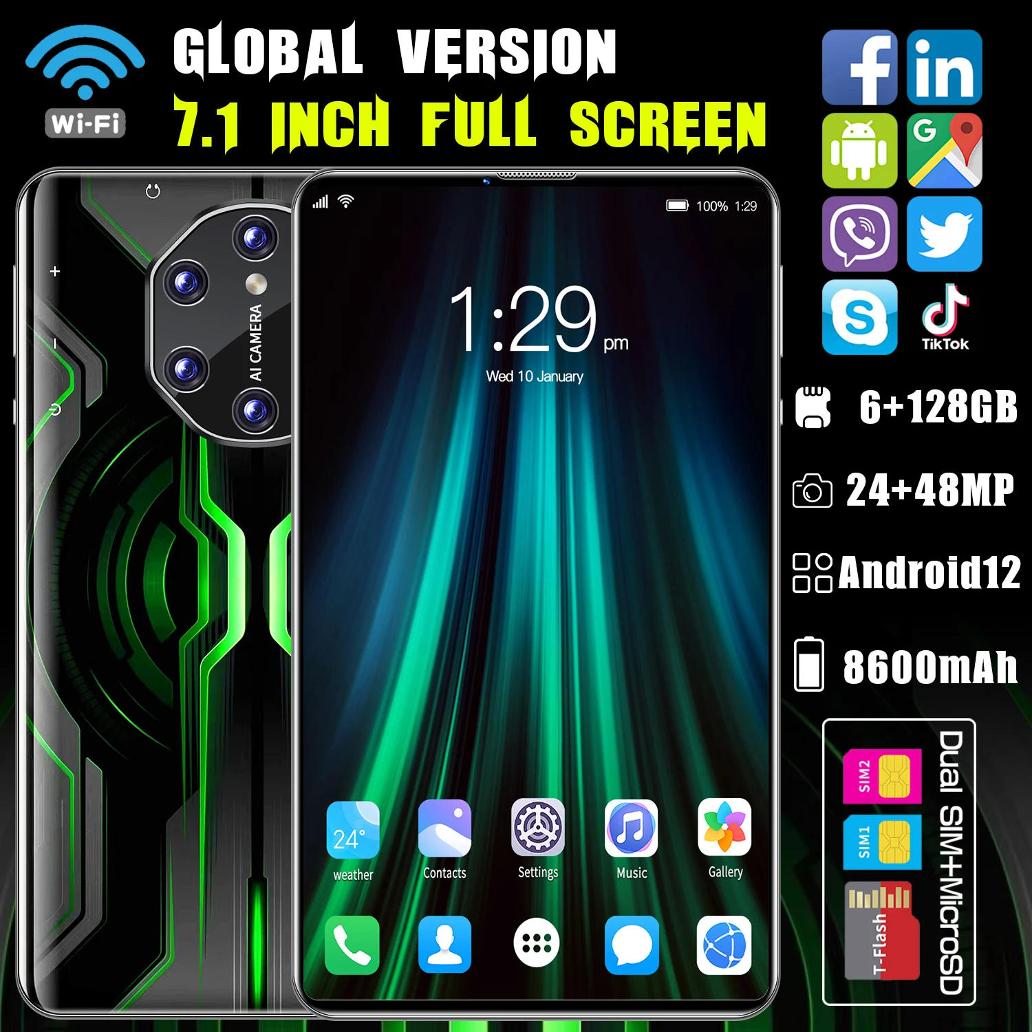 

Планшет X80 Pro, 7,1 дюйма, 8600 мАч, 6 + 128 ГБ, Android 12