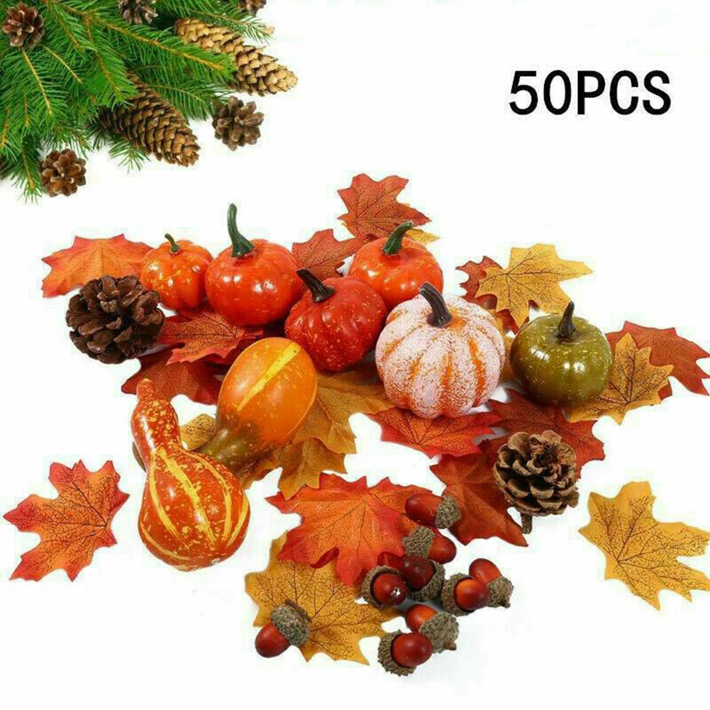 

50 шт., мини-наборы из искусственной пены, тыква, кленовые листья, желуди