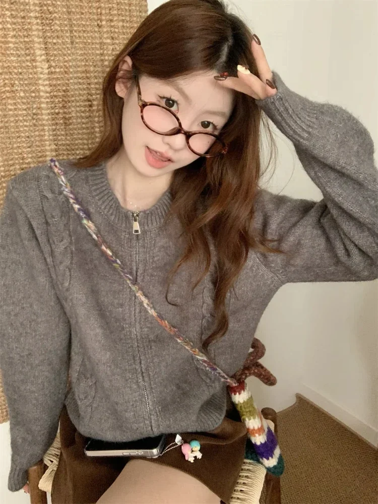 Сплошной цвет вязаный кардиган на молнии осень-зима корейская версия