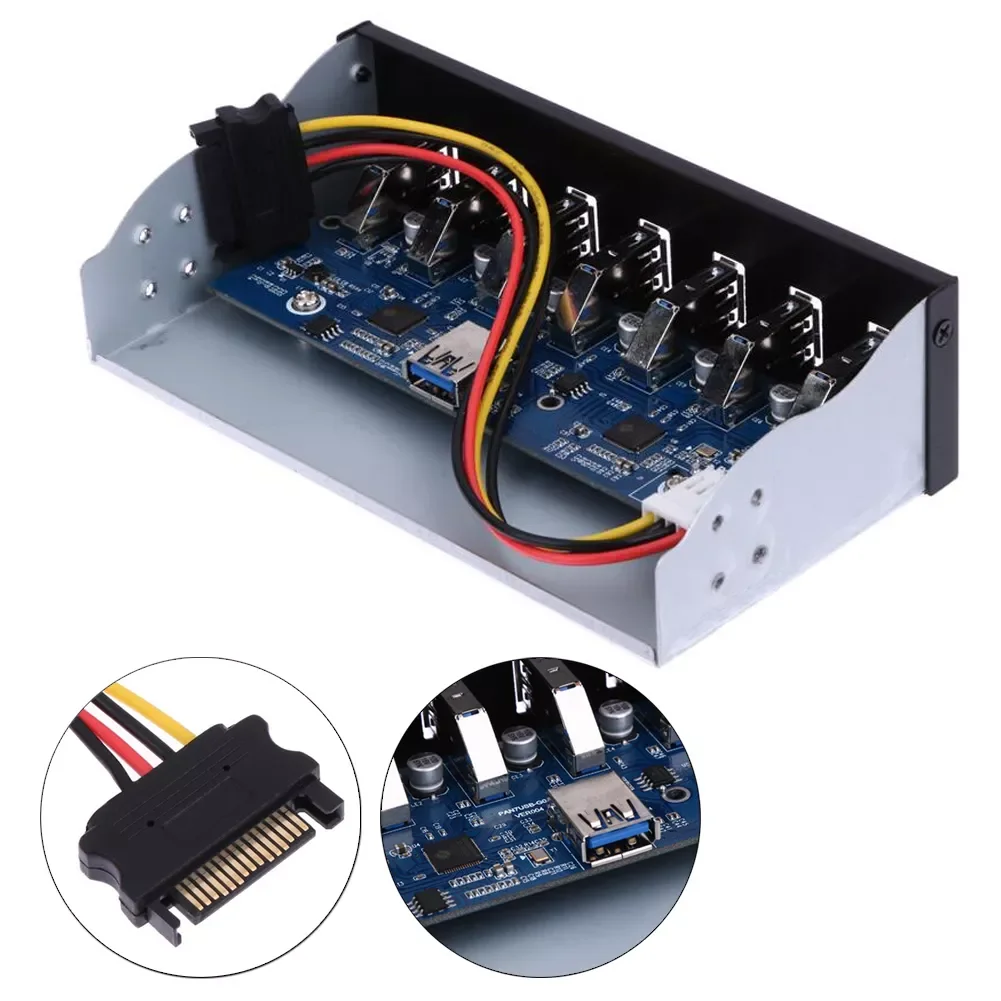 

Metal 19 Pin Hub Desktop Drive Bay Front Panel Adapter 5.25" Cable Fast Charging For PC Computer USB 3.0 7-Ports Black