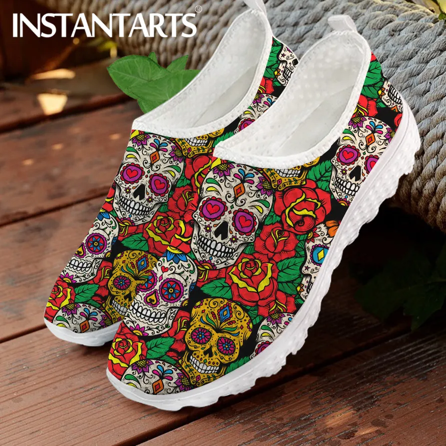 

INSTANTARTS Gothic Floral Sugar Skull Pattern Flat Shoes for Girls Breathable Mesh Sneakers Summer Lightweight Slip-on Loafers