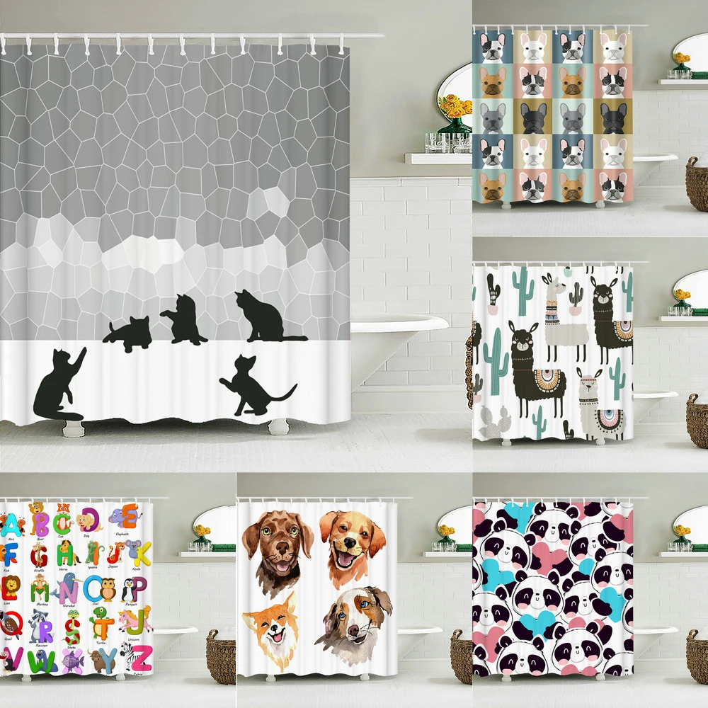 

Забавная Водонепроницаемая занавеска для душа из полиэстера с милыми кошками и собаками, занавеска для ванной комнаты с мультяшным бульдогом и альпакой, s-образный фон для украшения стен