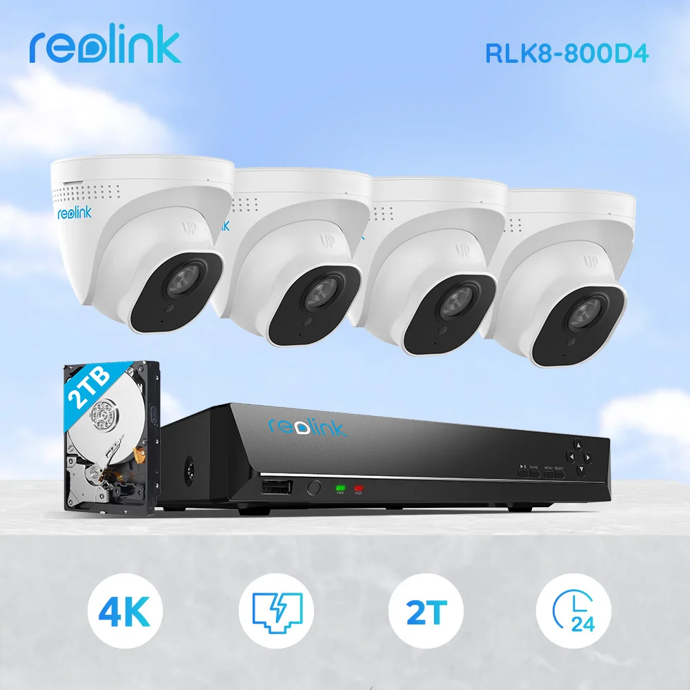  Система видеонаблюдения Reolink 4K, 8 Мп, 8 каналов, запись PoE, NVR, 4 камеры 4K ip-камеры с питанием по PoE s с жестким диском 2 ТБ, запись 24/7, RLK8-800D4 