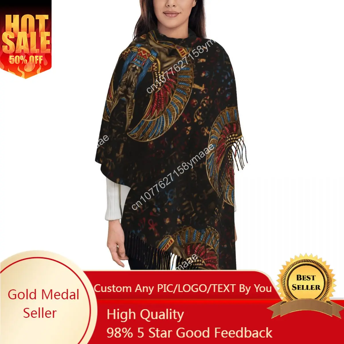 

Womens Scarf with Tassel Anubis Egyptian God Large Winter Fall Shawl Wrap Ancient Egypt Deities Reversible Cashmere Scarf
