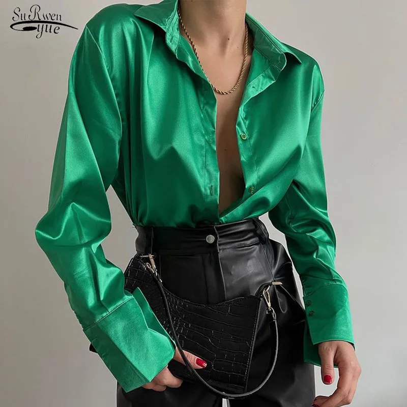 Женская атласная рубашка на пуговицах Повседневная Свободная винтажная блузка