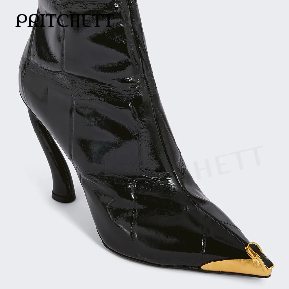 Черные лакированные кожаные ботильоны с боковой молнией металлический острый