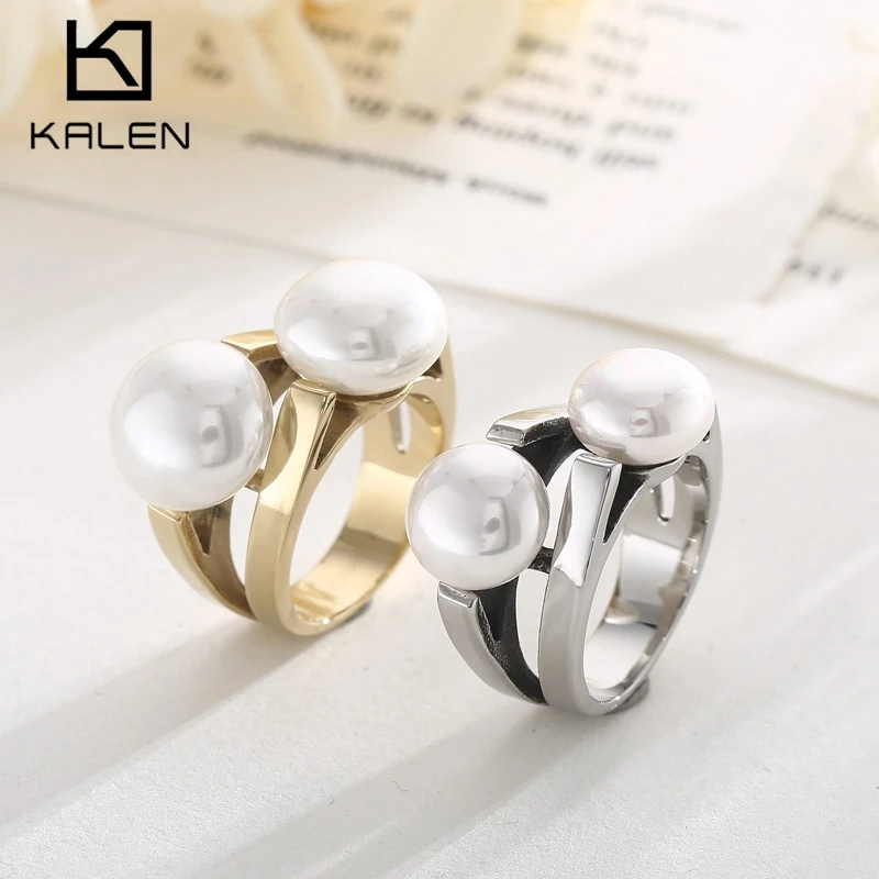 

KALEN Fashion Stainless Steel Anillos Creative Double Pearl Polished Ring For Women Trendy Romantic кольца Jewelry Gifts