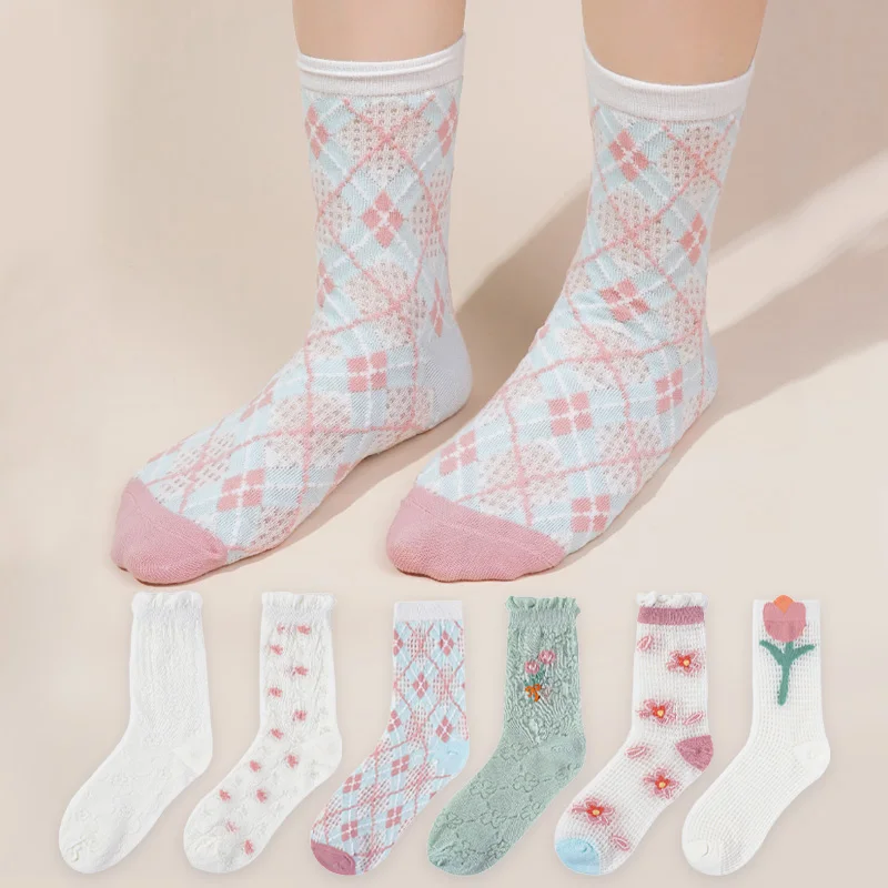 

Цветочные Носки Женские сетчатые носки средней длины Ins Tide, летние тонкие хлопковые носки в японском и корейском стиле
