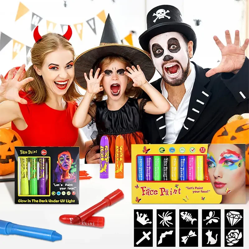 

6-color Washable Crayon Set Skin Paint Pen Halloween Set Rotatable Luminous Face Color Stick Crayons for Kids Stationery