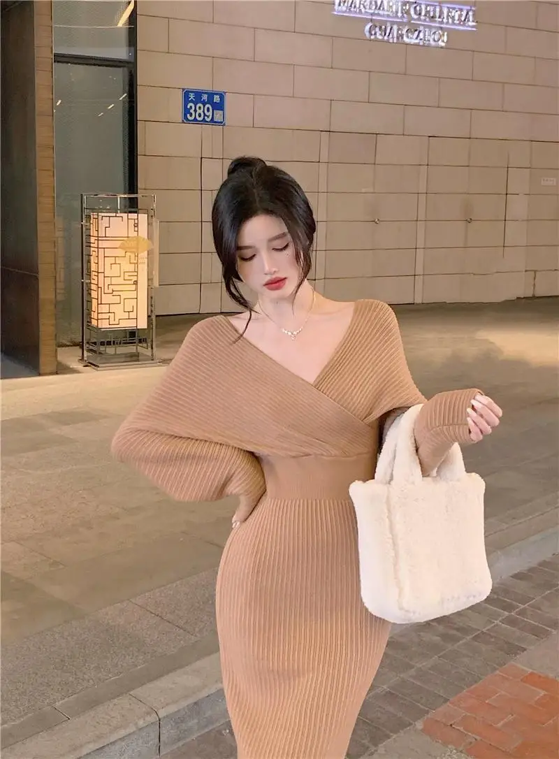

Make firm offers new winter temperament v-neck accept waist thickening knitting dress long over-the-knee inside take render skir
