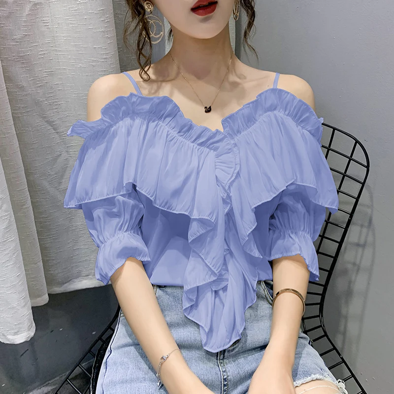 

2023 Summer European Clothes Loose T-Shirt Women Chic Sexy Back Off Shoulder Chiffon Blouse Tops Ruffles Puff Sleeve Tees 35134
