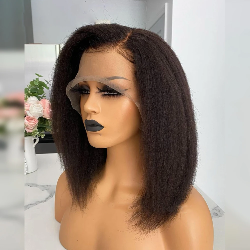 Free Part Soft Glueless Yaki Synthetic Kinky Straight Natural Black 13X6Lace Front Wig For Women Blunt Short Bob Babyhair Daily