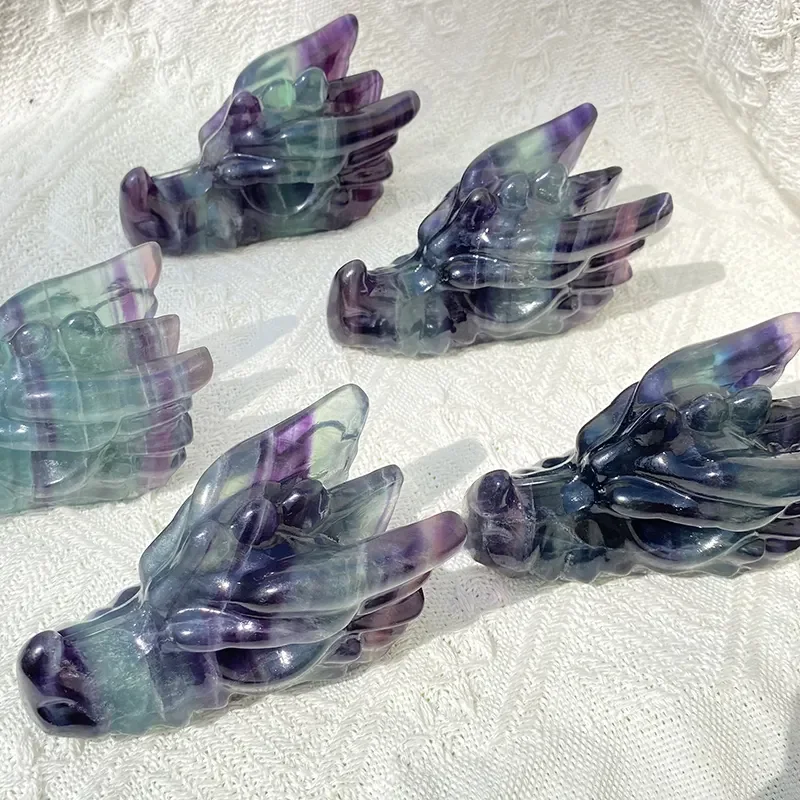 

Wholesale Price High Quality Hand Carved Natural Fluorite Healing Stone Crystal Animal Dragon Head Skulls Carving