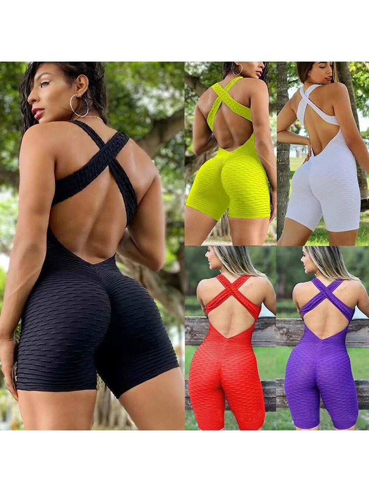 2023 Women's Sports Suit Sleeveless Backless Jumpsuits Costume Quick Dry Gym Bodysuit Tracksuit Fitness Tights Scrunch Leggings