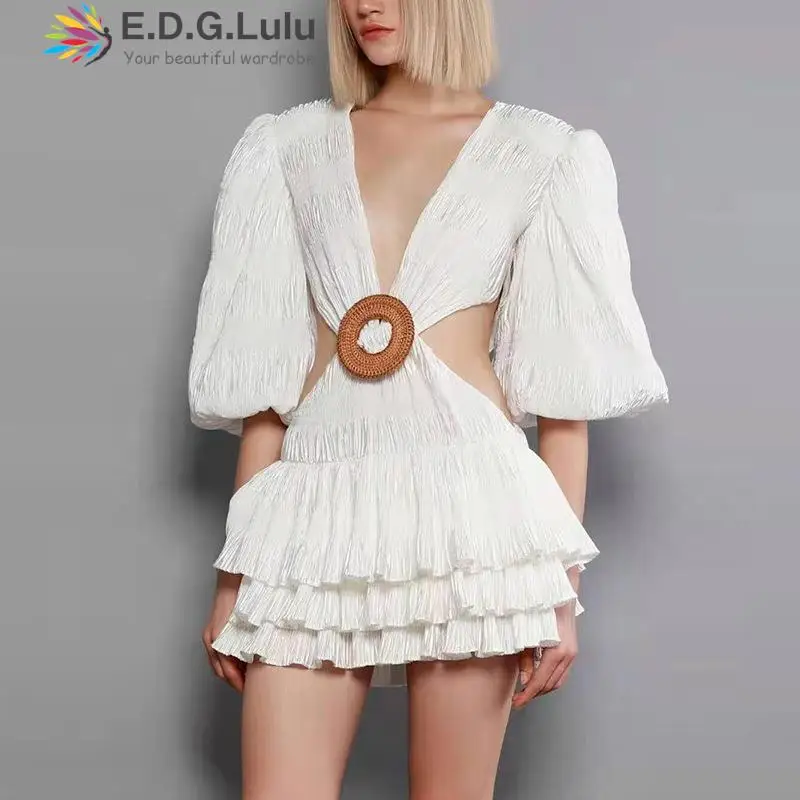 

EDGLuLu Women Deep V-neck Puff Sleeves Waist Cutout Sexy Party Dress Elegant Design Cascaded Ruffles Mini Dress Vacation 0902