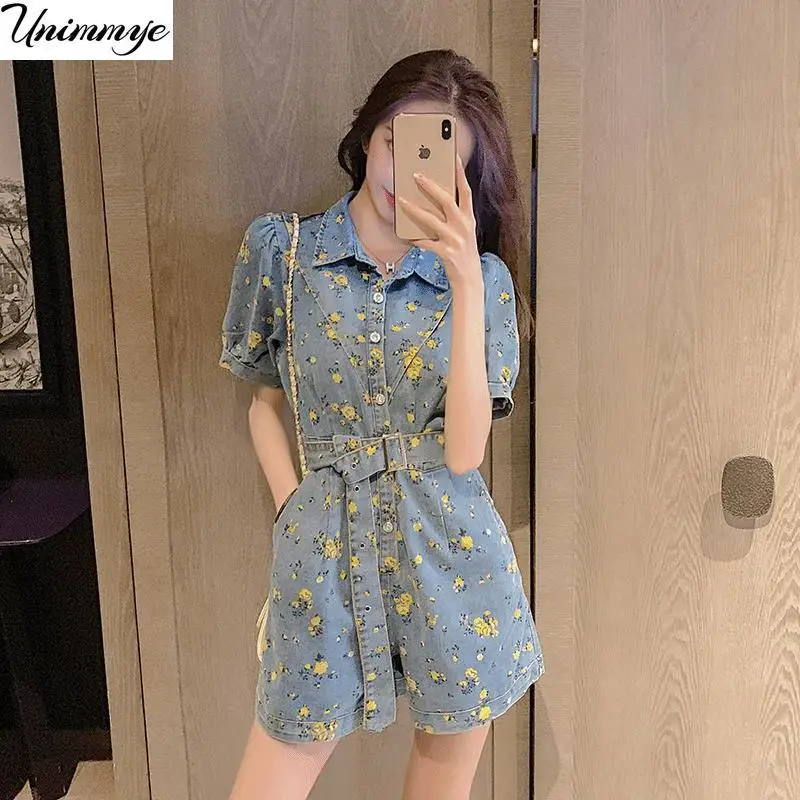 

Women Korean Fashion Lace-up Denim Rompers Playsuits Vintage Short-sleeved Short Jumpsuits Body Mujer Combinaison Femme X47