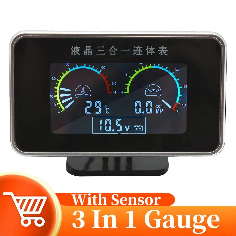3 in 1 Digital Water Temp Gauge Oil Pressure Meter Voltmeter LCD Car Digital ALARM Gauge With 10mm 1/8 NPT Sensor 12V 24V