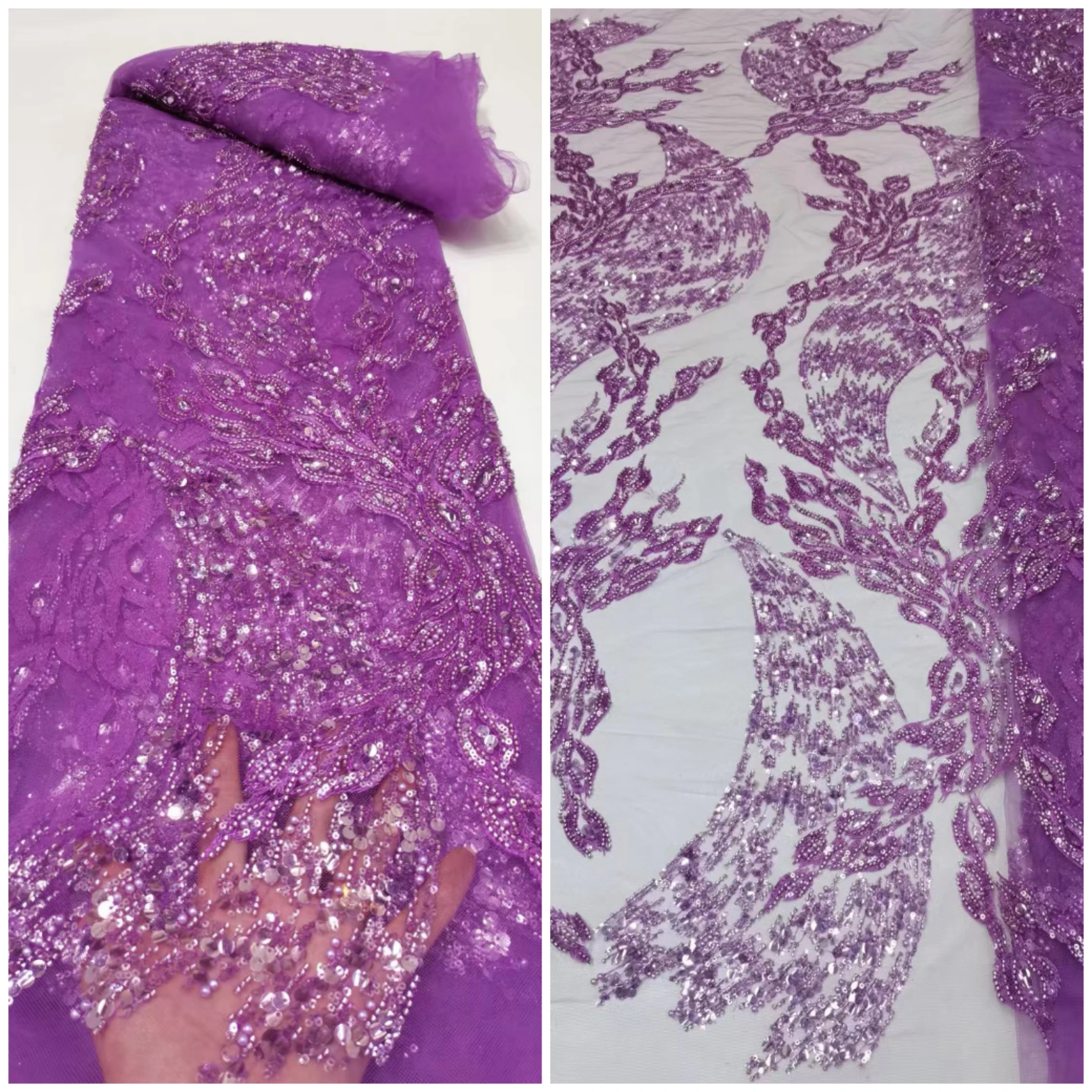 

Purple Color Sequins New Arrival Embroidered Lace Fabric 15JRB-71503 with Tinny Beads for Bridal Dress or Party Show Dress