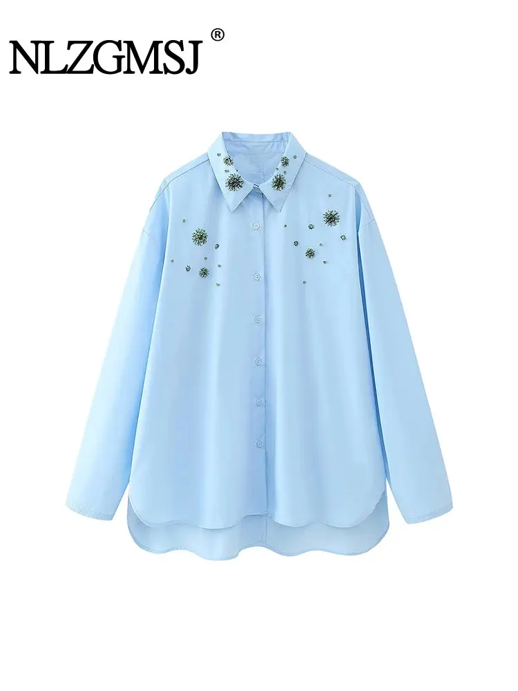 Осень 2023 голубые рубашки TRAF для женщин украшение длинная рубашка женские на