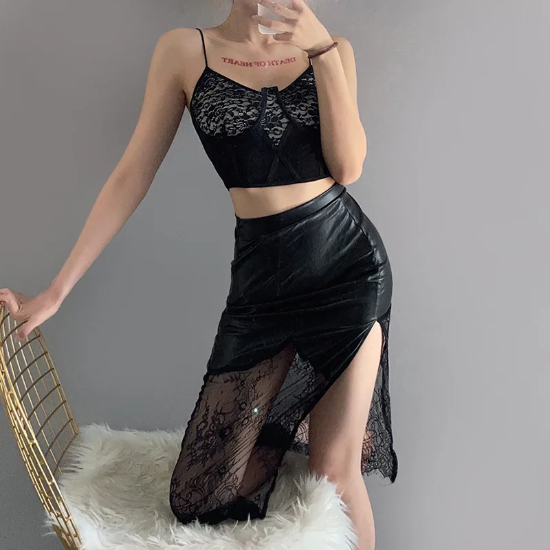 

2021 Fashion Elegant Office Lady Black PU Leather Lace Patchwork Maxi Skirt Women's Party Club Street High Waist Long Skirt