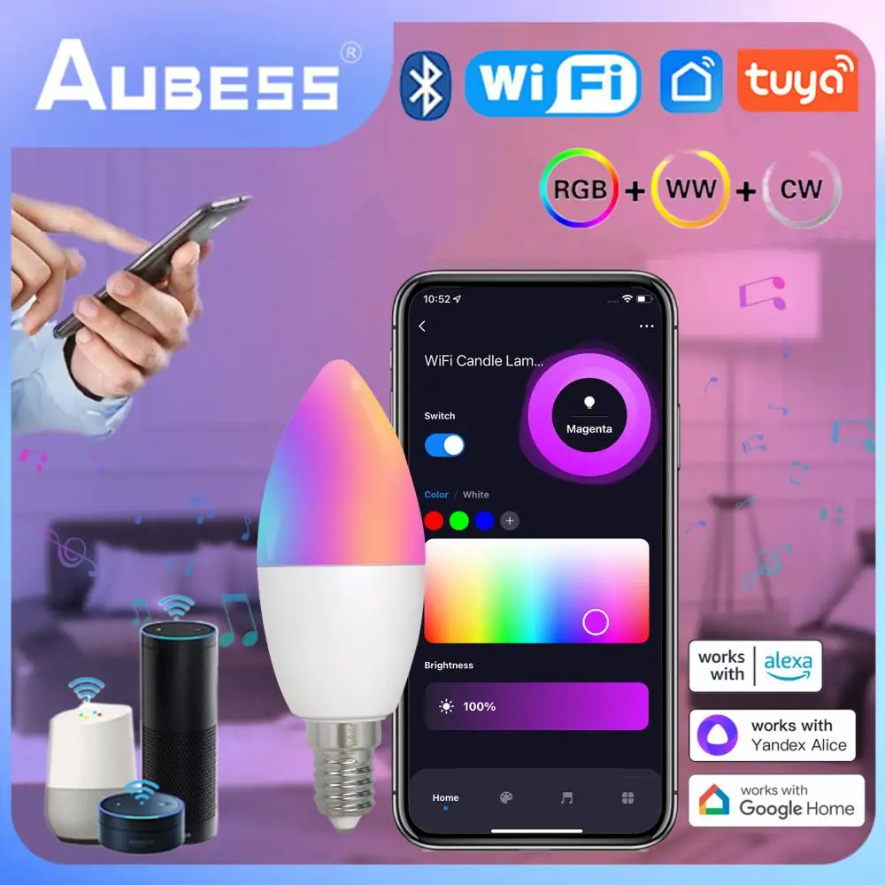 

Умсветильник Светодиодная лампа с Wi-Fi, E14, 5 Вт, RGB + CW