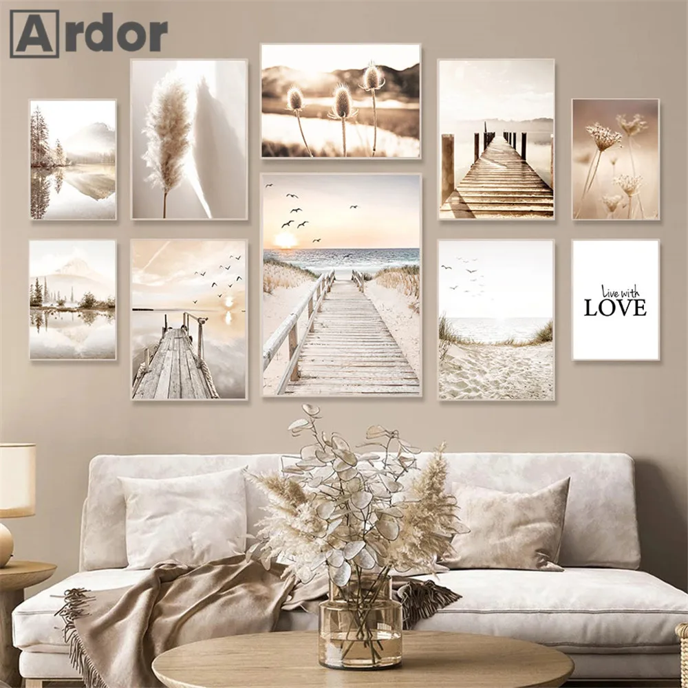 

Beige Scenery Bridge Painting Poster Lake Wall Art Canvas Print Reed Posters Bird Sunset Nordic Wall Pictures Living Room Decor