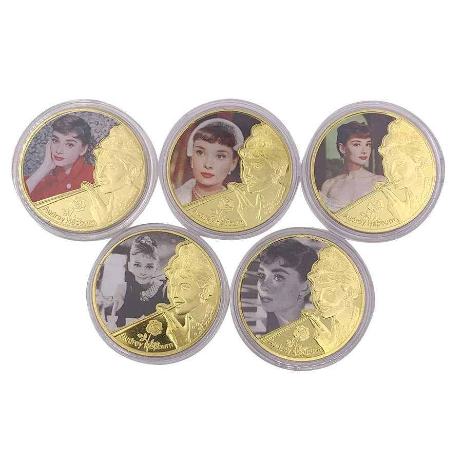 

Fashion Pretty Movie Star Audrey Hepburn Art Gold Plated Commemorative Coin Challenge Coin Collectible Gift