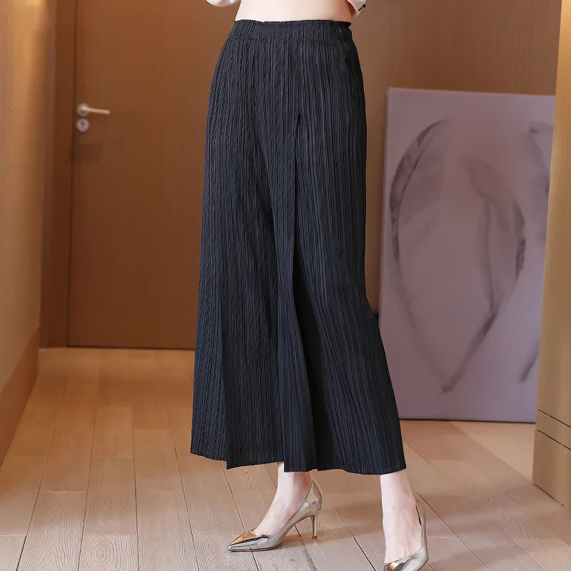 Miyake pleated women's fashion split casual wide-leg pants 2022 new high waist drape all-match black pants women