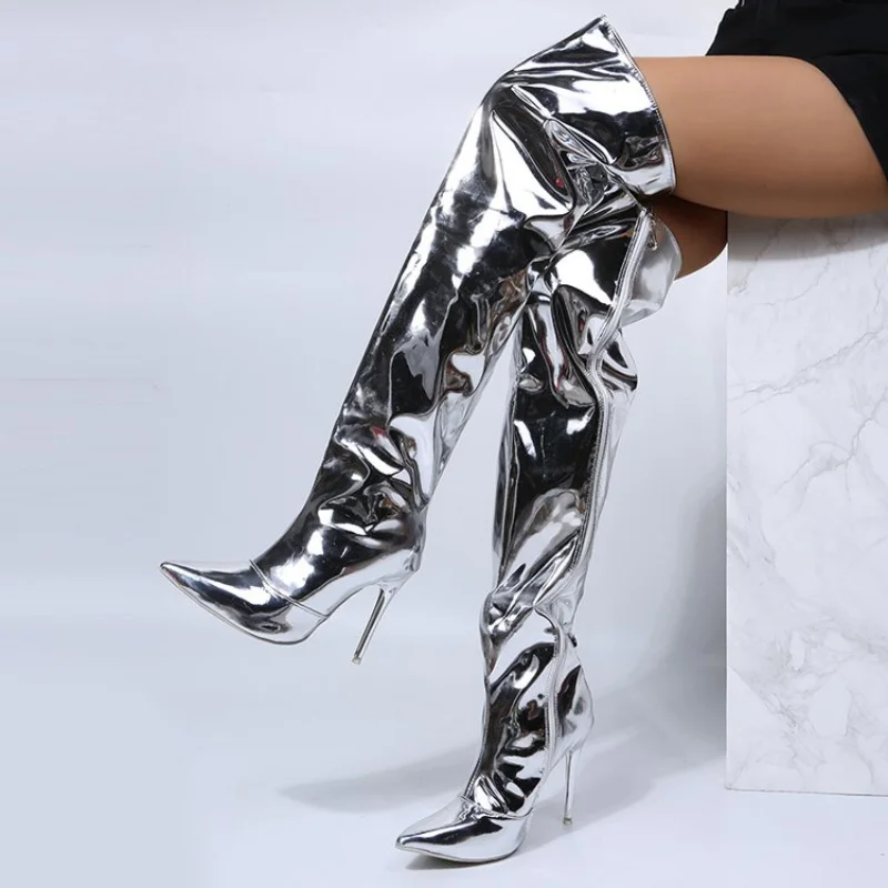 

Women Boots Pointy Toe Punk Mirror Platform High Thin Heels Over The Knee Long Boots Autumn Winter Zip Silver Casual Party Shoes