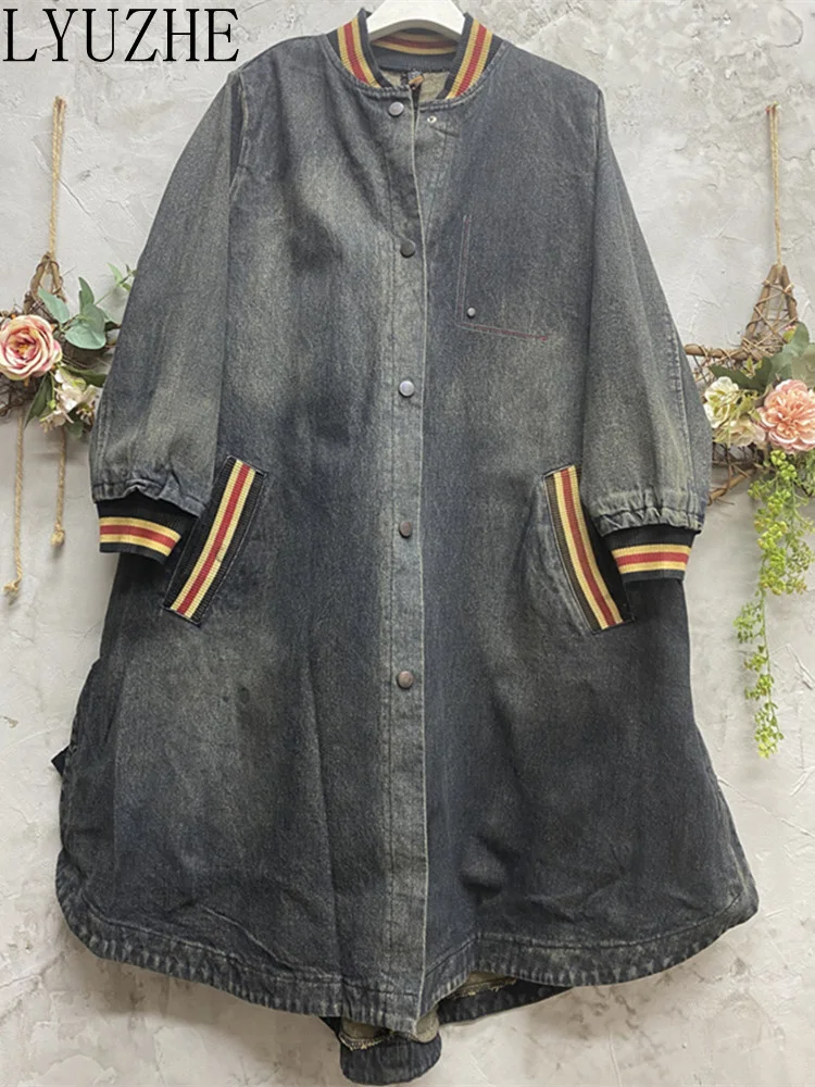 

LYUZHE 2023 Spring Autumn New Fashion Personalized Wash Denim Medium Length Trench Coat Women Large Windbreaker Cool ZXF092